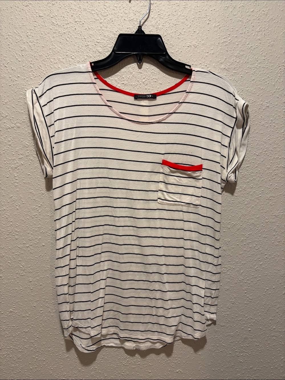 Papermoon White Navy Striped Tee with Red Trim Pocket